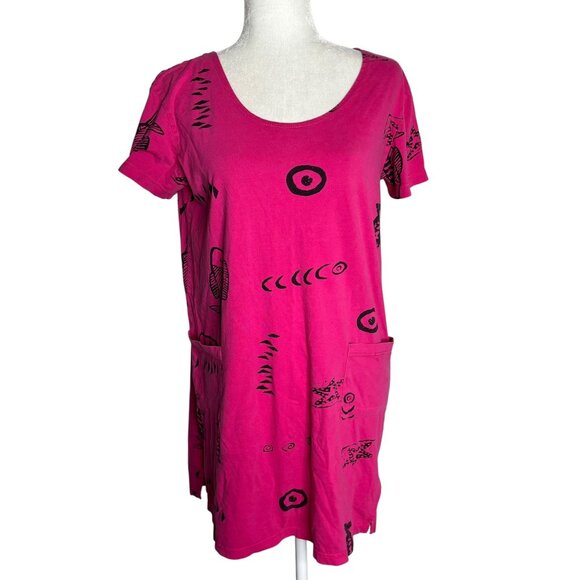 Vintage 90s Graphic Fish Print Shift Dress Small Pink Short Sleeves Pockets - Picture 1 of 6